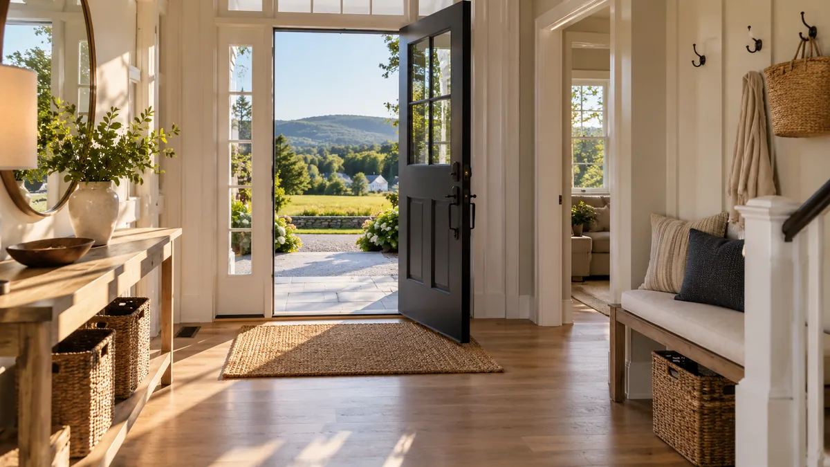 A clean front entry hall with a wiped bench, a swept doormat, a bright mirror and the front door open to daylight