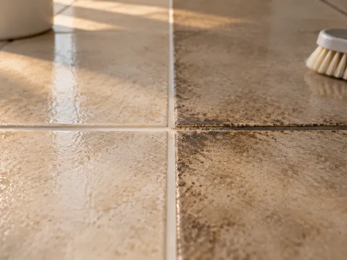 Close detail of a microfiber cloth wiping a dusty baseboard, one half of the board clean white and the other still gray, a spray bottle standing on the floor beside it