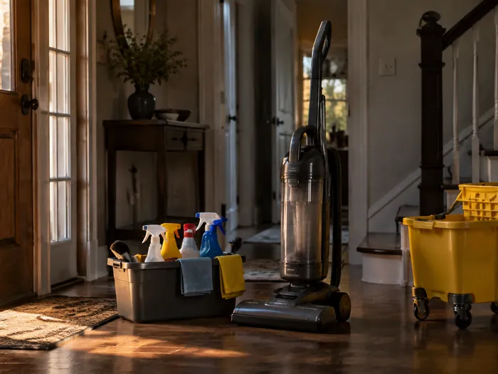 A cleaning caddy on a kitchen counter holding spray bottles and folded microfiber cloths, an upright vacuum standing ready behind it, work in progress