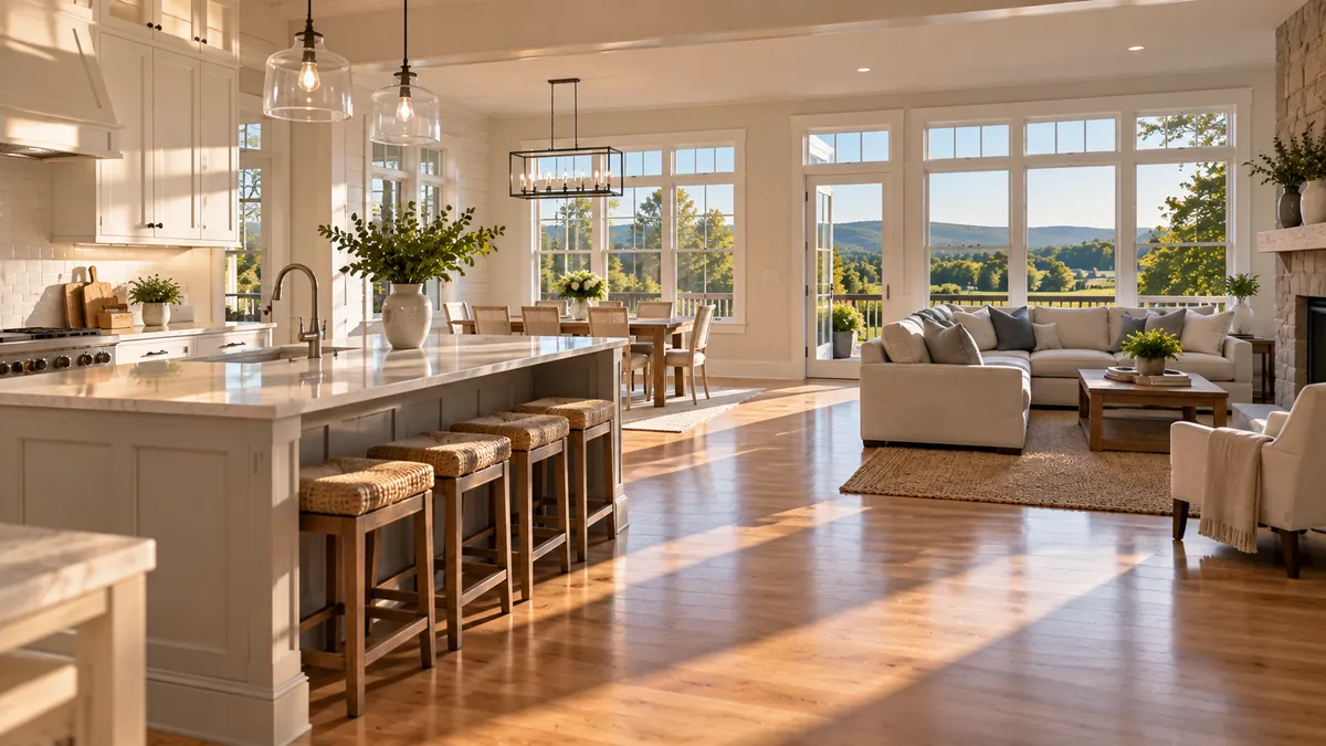 Wide view across a bright open plan ground floor after a full house clean, kitchen island and living area in one sightline, floors gleaming, every surface clear