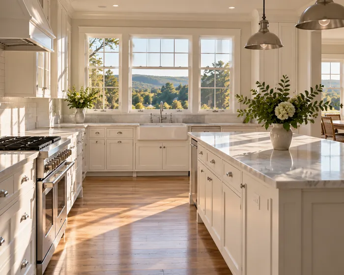 A white kitchen after a deep clean, with bare wiped counters and clean cabinet fronts