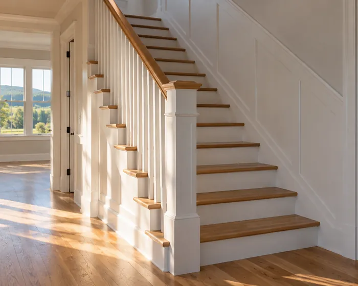 A new oak staircase with dust cleared from every tread and the white risers wiped