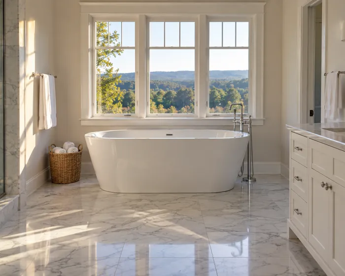 A primary bathroom with a clean soaking tub, bright grout and spotless chrome