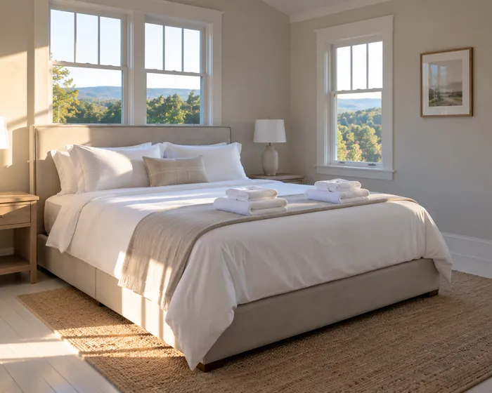 A guest bedroom reset for new arrivals, bed made with white linens and towels folded at the foot