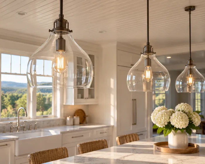 Clear glass pendant lights over a kitchen island, cleaned with no dust on the glass