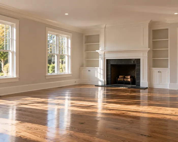 An empty living room after a move out clean, floors mopped and baseboards wiped