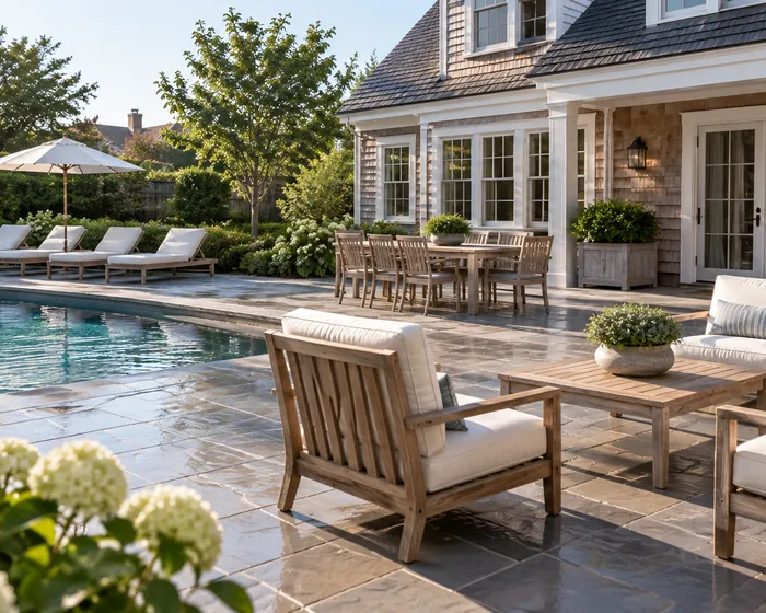 A bluestone pool patio cleared and swept after a party, chairs set straight