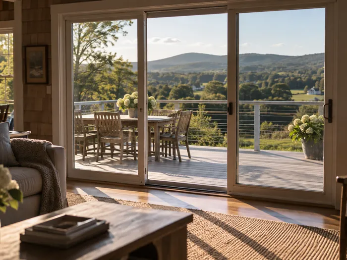 Sliding glass doors in a sunroom after a spring clean, glass clear and tracks free of sand
