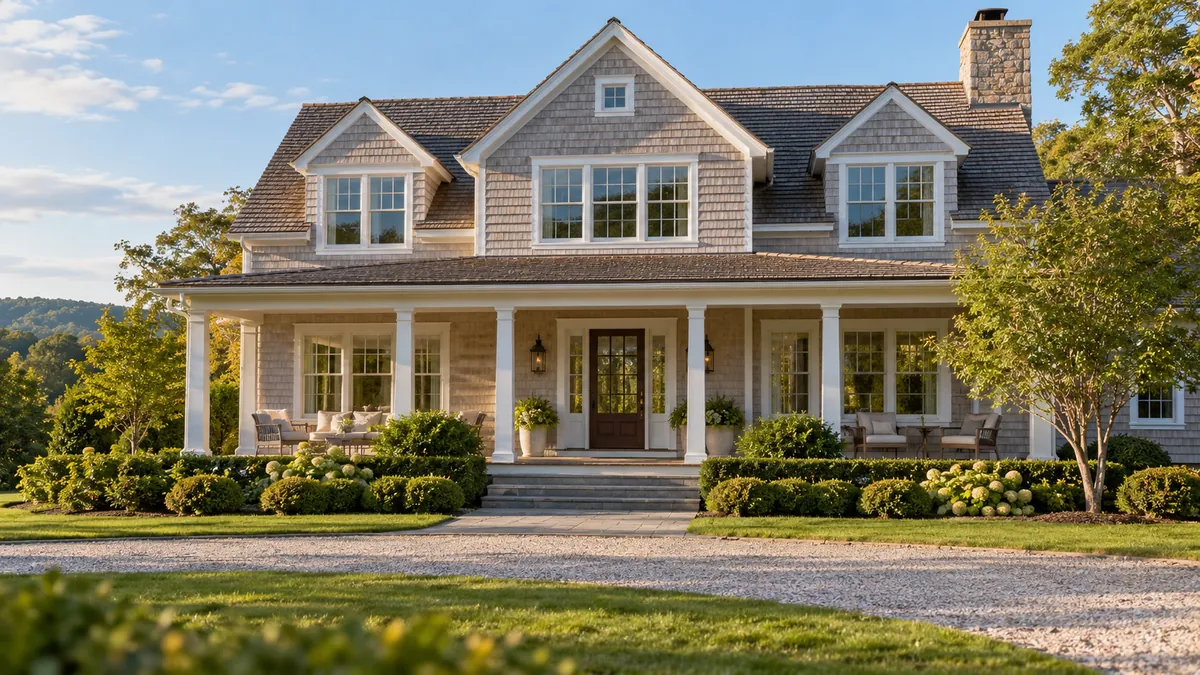 A large two story house photographed straight on in late afternoon daylight, covered front porch swept and every window pane clean and clear